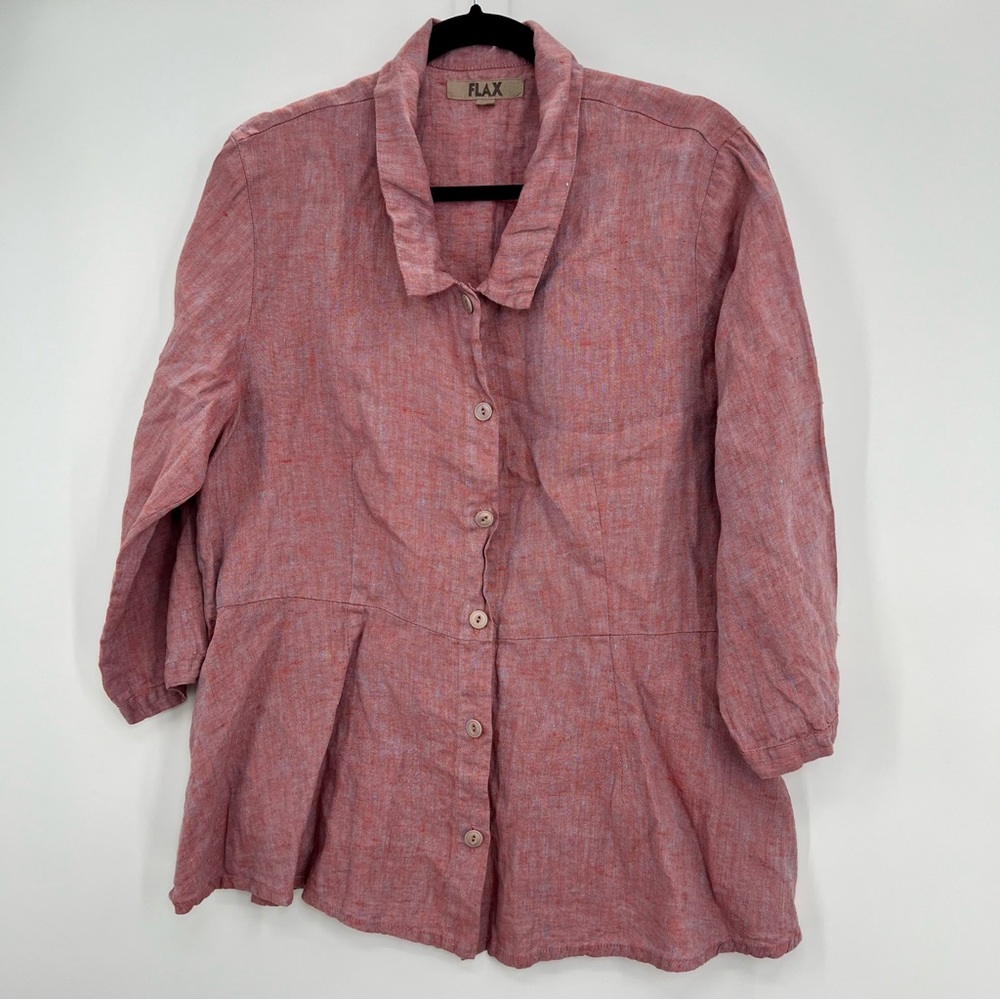 Flax 100% Linen Button Down Peplum Shirt Blouse Top Heathered Pink M Pleated - Picture 10 of 10